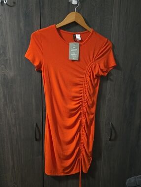 Divided Orange Ruched Side Mini Dress